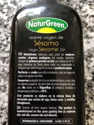 List of product ingredients Aceite de Sésamo NaturGreen 