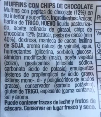 List of product ingredients Muffins con chips de chocolate  