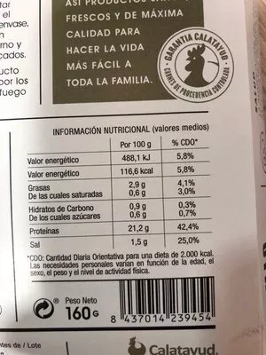 Liste des ingrédients du produit Solomillo de pollo a la parrilla calatayud 160 g