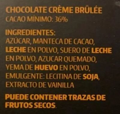 Lista de ingredientes del producto Chocolate Crème brûlée Monper 85 g