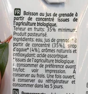 Liste des ingrédients du produit Bio zumo de granada ecológico con ágave True Foods 