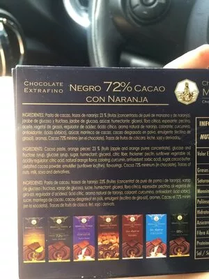 Lista de ingredientes del producto Chocolate Extrafino negro 72% cacao con naranja marcos tonda 