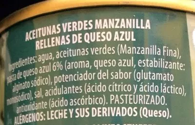 List of product ingredients Aceitunas Verdes Rellenas de Queso Azul Jolca 300 g