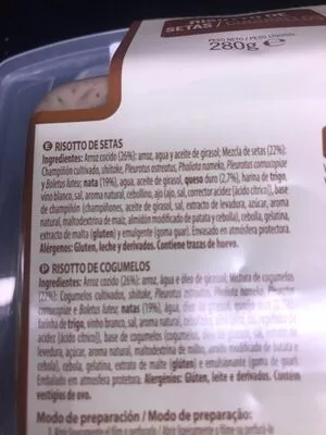 Lista de ingredientes del producto Risotto de setas Hacendado 280 g