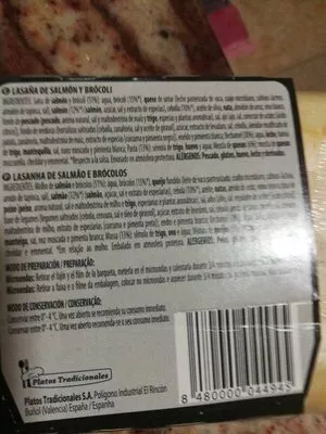 Lista de ingredientes del producto Lasaña salmón y brocoli Hacendado 350 g