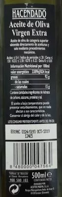 Liste des ingrédients du produit Aceite de oliva virgen extra Hacendado 500ml