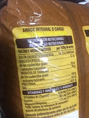 List of product ingredients Arroz integral Hacendado 