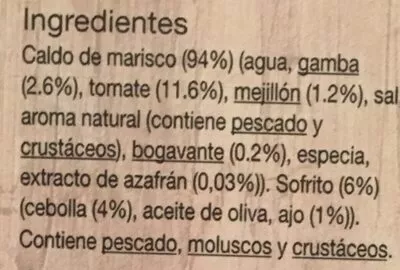 Lista de ingredientes del producto Caldo para paella de marisco o fideuá con sofrito Hacendado 1 l