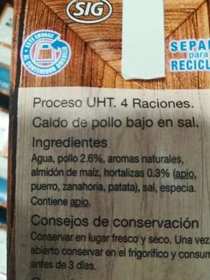 Liste des ingrédients du produit Caldo de Pollo bajo en sal Hacendado 