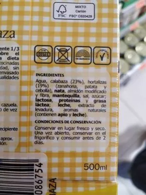 List of product ingredients Crema de calabaza Hacendado 