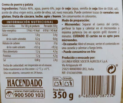 Liste des ingrédients du produit Vichissoise Hacendado 