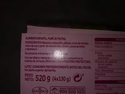 Liste des ingrédients du produit Fruta variada Hacendado 4 x 130 g