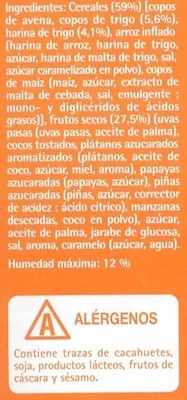 Lista de ingredientes del producto Muesli crujiente con frutas Hacendado 500 g.