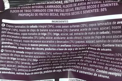 Lista de ingredientes del producto Muesli 50% frutas & frutos secos Hacendado 500 g