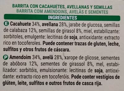 Lista de ingredientes del producto Barritas Frutos secos Hacendado 