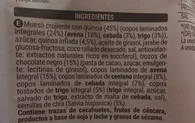 Lista de ingredientes del producto Muesli quinoa chia & chocolate negro Hacendado 