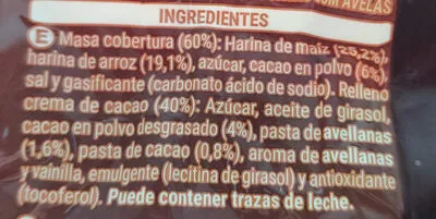 Liste des ingrédients du produit Rellenos de chocolate sin gluten Hacendado 400g