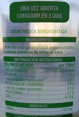 Lista de ingredientes del producto Leche fresca semidesnatada Hacendado 1 l