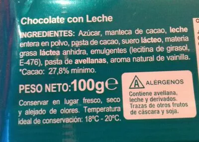 List of product ingredients Chocolate con leche Hacendado 