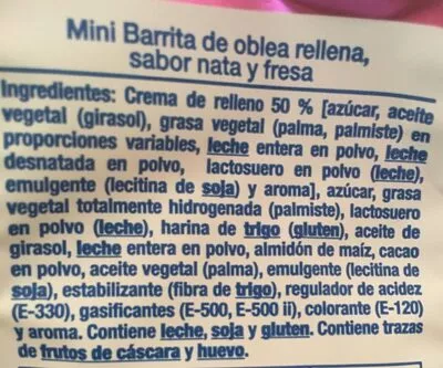 Liste des ingrédients du produit Mini barritas rellenas sabor nata y fresa Hacendado 130 g
