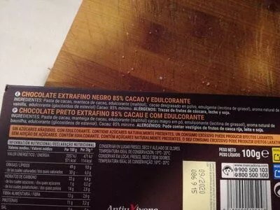 Lista de ingredientes del producto Chocolate negro 0% 85% cacao Hacendado 100 g
