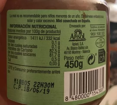 List of product ingredients Miel de romero Hacendado 