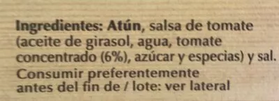List of product ingredients Atun en salsa de tomate Hacendado 