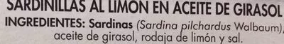 Liste des ingrédients du produit Sardinillas al Limón en Aceite de Girasol Hacendado 180 g (neto, 2 x 90 g), 130 g (escurrido, 2 x 65 g)