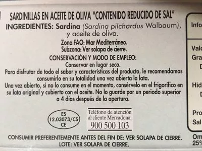 Lista de ingredientes del producto Sardinillas en aceite de oliva Hacendado 