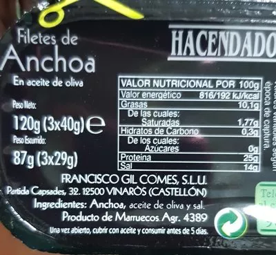 Liste des ingrédients du produit Filetes de anchoa en aceite de oliva Hacendado 120 g