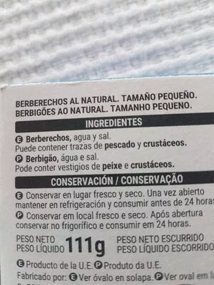 List of product ingredients Berberechos al natural Hacendado 111 g