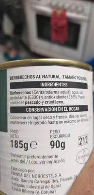 Lista de ingredientes del producto Berberechos al natural Hacendado 185 g