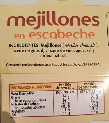 Lista de ingredientes del producto Mejillones en escabeche Hacendado 2 x 175 g