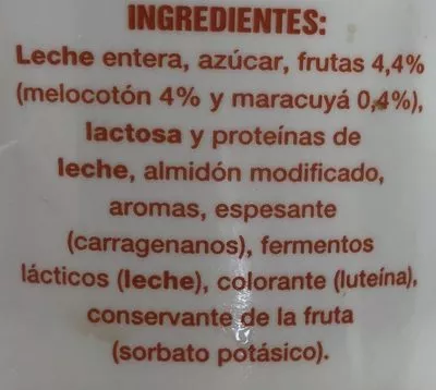 List of product ingredients Yogur con melocoton y maracuyá Hacendado 500 g