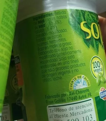 List of product ingredients Yogurt soja Hacendado 500 g (4 x 125 g)