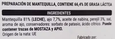 Liste des ingrédients du produit Mantequilla con ajo y hierbas Hacendado 100 g