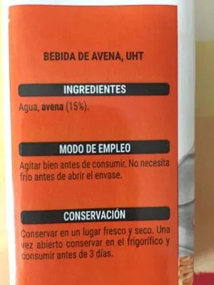 List of product ingredients Bebida De Avena 100% Vegetal Hacendado 