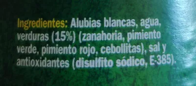 Lista de ingredientes del producto Alubia con verduras Hacendado 570g