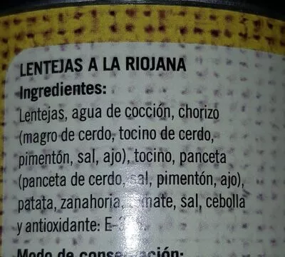 Lista de ingredientes del producto Lentejas a la riojana Hacendado 420g