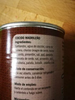 Lista de ingredientes del producto Cocido Madrileño Hacendado 
