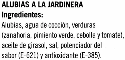 Liste des ingrédients du produit Alubias a la jardinera Hacendado 420 g (neto), 425 ml