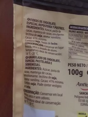 Lista de ingredientes del producto Fideos Granulados de Chocolate Hacendado 