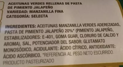 List of product ingredients Aceitunas manzanilla rellenas de jalapeño Hacendado 350 g (neto), 150 g (escurrido), 370 ml