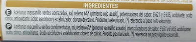 List of product ingredients Aceitunas Verdes Rellenas De Pimiento Rojo Asado Hacendado 350 g (neto), 150 g (escurrido), 370 ml