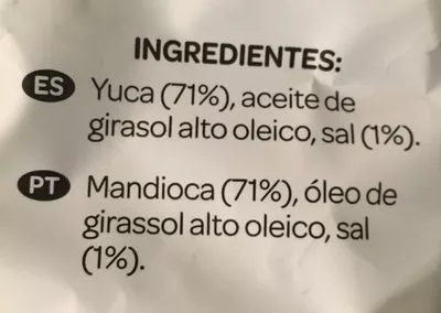 Lista de ingredientes del producto Yuca frita con sal Hacendado 80 g