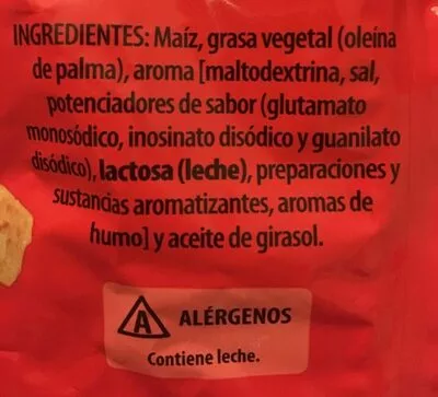 Lista de ingredientes del producto Tiras de maíz frito sabor a barbacoa Hacendado 150g