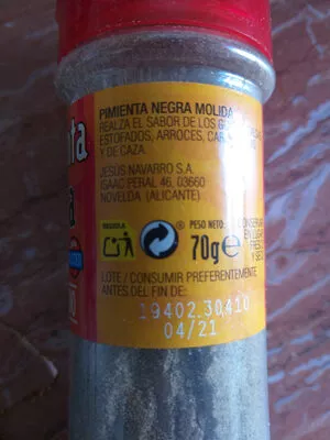 List of product ingredients Pimienta Negra Hacendado 70 g