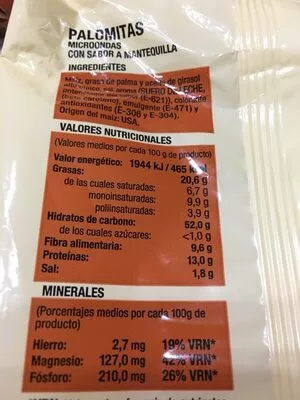 Lista de ingredientes del producto Palomitas microondas sabor mantequilla Hacendado 270g