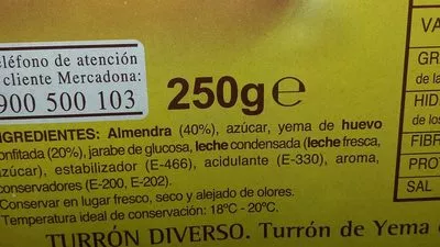 Lista de ingredientes del producto Turron de yema tostada Hacendado 250 g