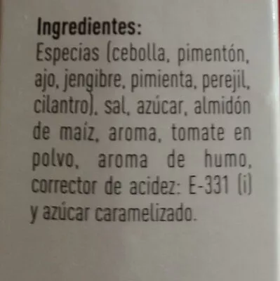 Lista de ingredientes del producto Sazonador Para Hornear Sabor Barbacoa Hacendado 48g